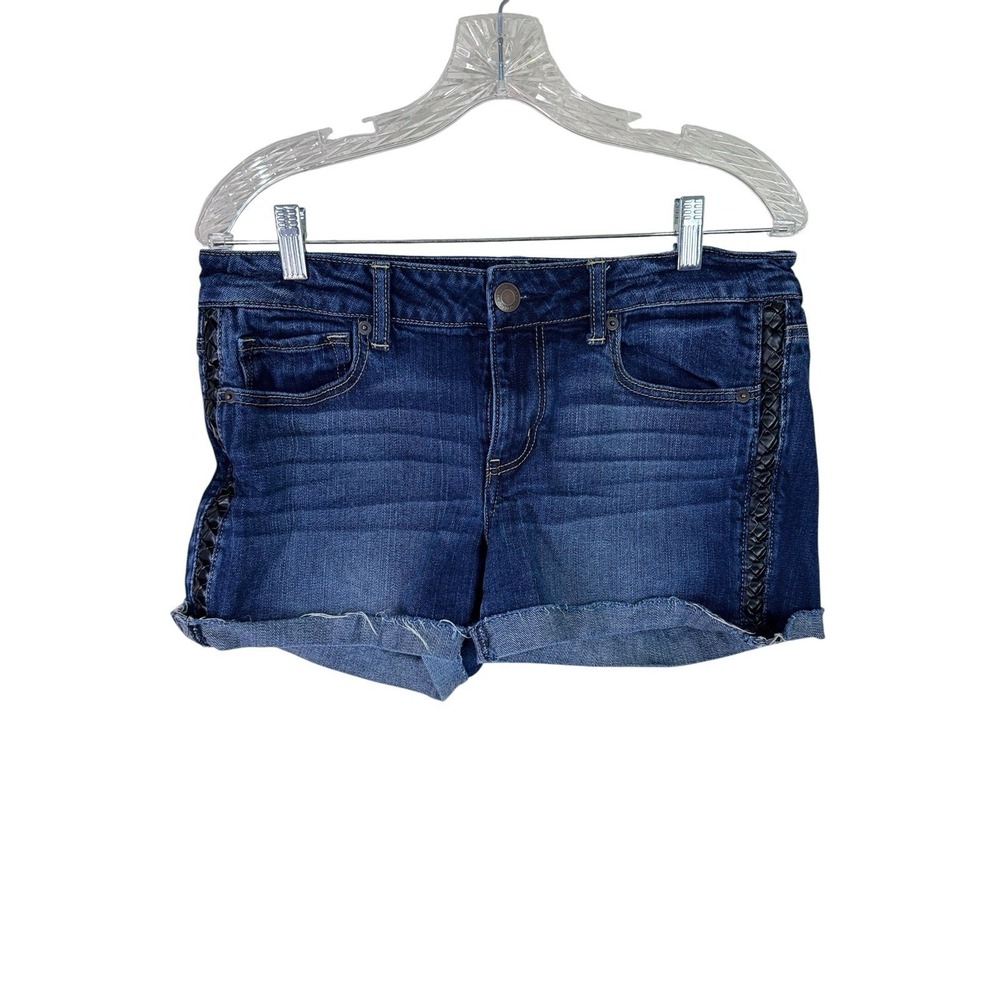 American Eagle Shorts Women 12 Jean Denim Cutoff Faux Leather Braid Trim Raw Hem